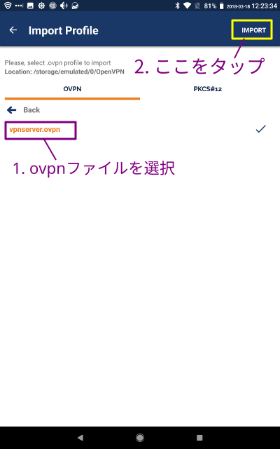 OpenVPN Connect ovpnファイル選択画面